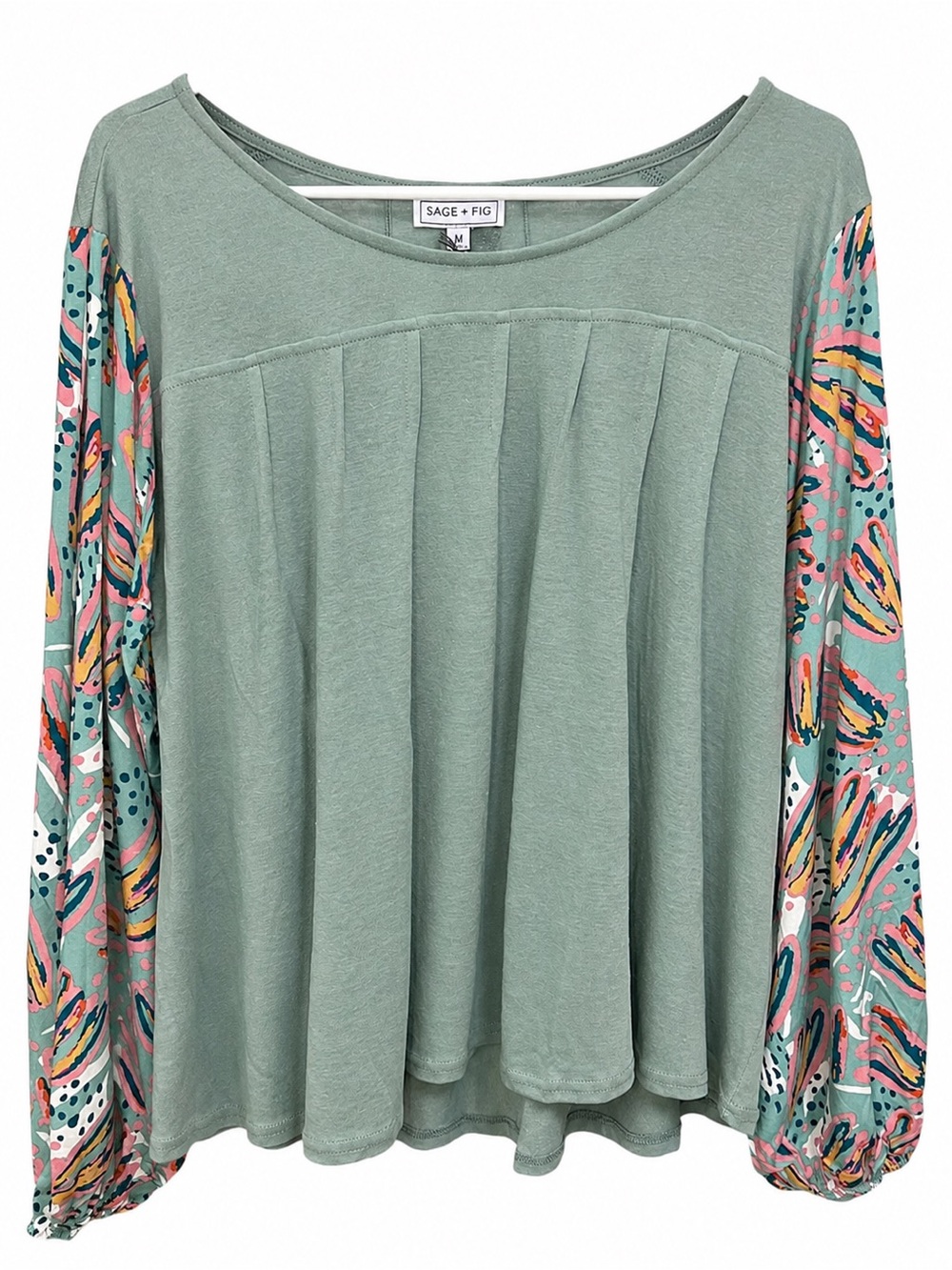 NWT Sage + Fig Pleated Front Balloon Sleeve Boho Top Sage Green M - Picture 7 of 9